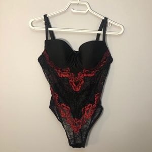 Coquette red and black lace bodysuit